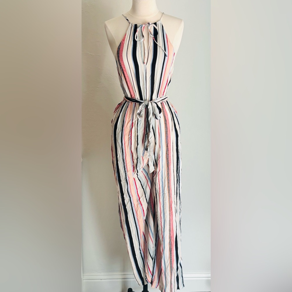 Striped Halter Style Wide Leg Rayon Tie-Waist Jumpsuit, Sz Small Summer Travel